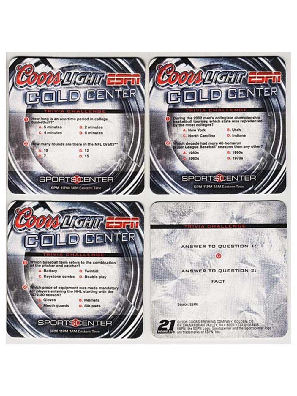 Set of 50 Coors Light ESPN Trivia Coasters - 2006 - Sports Questions